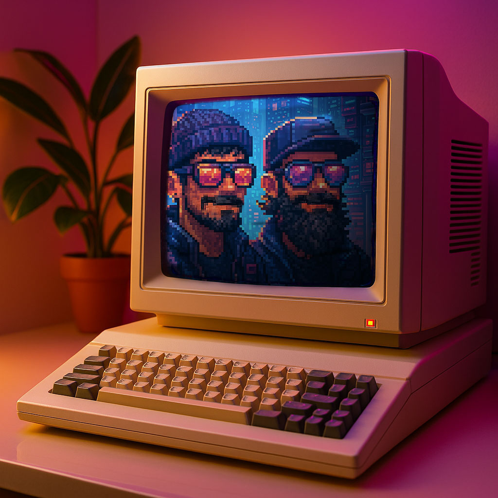 Our founders, Dale and Kevin, as characters on a retro 80s computer