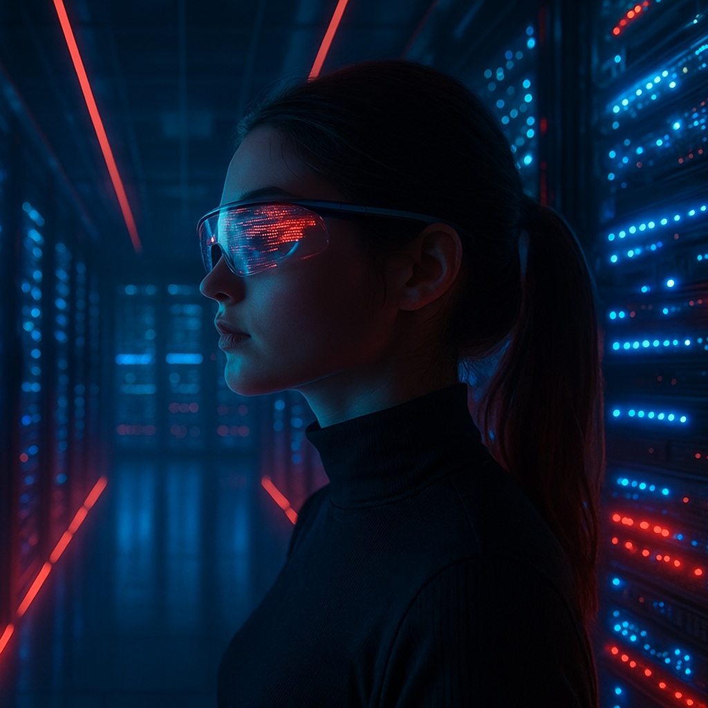 Futuristic person looking at computer panels